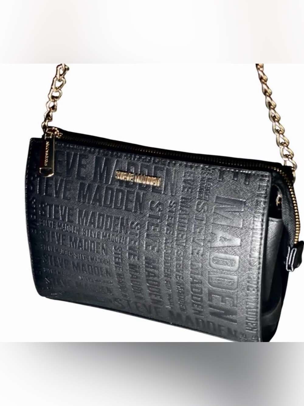 Steve Madden Black Embossed Logo Crossbody with Gold Chain
